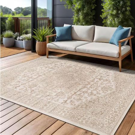 6 ft. x 9 ft. Athena Beige Washable Oriental Border Indoor Coor Patio Area Rug