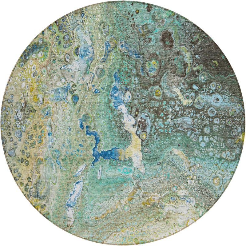 8' x 8' Indoor Outdoor Round Rug, Easy Clean, Machine Washable, Addison Rugs Chantille ACN588 Teal Non Shedding, Bedroom, Living Room, Dining Room, Kitchen, Patio Rug