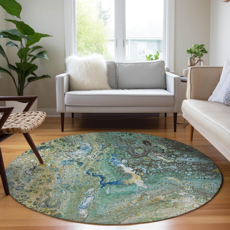 8' x 8' Indoor Outdoor Round Rug, Easy Clean, Machine Washable, Addison Rugs Chantille ACN588 Teal Non Shedding, Bedroom, Living Room, Dining Room, Kitchen, Patio Rug