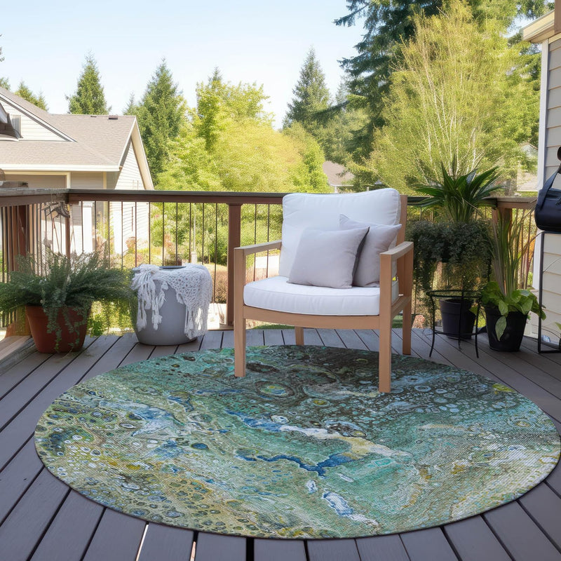 8' x 8' Indoor Outdoor Round Rug, Easy Clean, Machine Washable, Addison Rugs Chantille ACN588 Teal Non Shedding, Bedroom, Living Room, Dining Room, Kitchen, Patio Rug