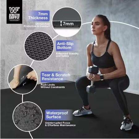 5x7 Black 60 in. W x 84 in. L x 7mm T Large Premium Vinyl Gym Flooring Mat Heavy-Duty Workout Mat Covers 35 sq. ft.