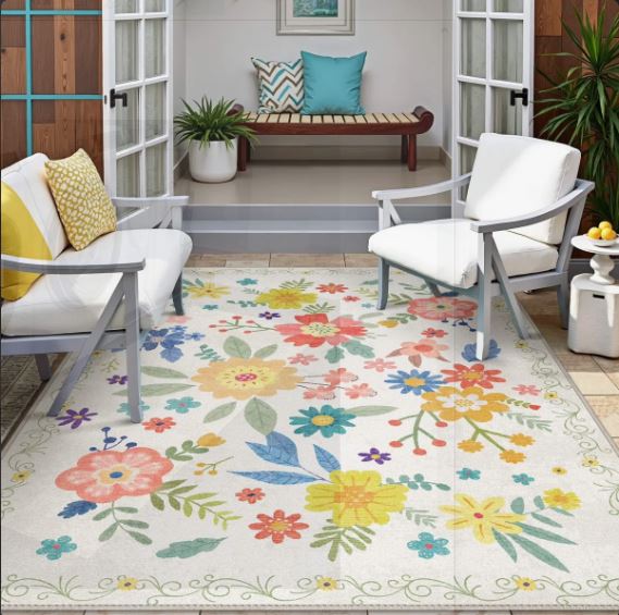 5' x 7' Color:Beige/Cream/Green/Pink/Yellow Aloha Washable Rug Outdoor Floral, Non-Shedding & Easy to Clean, Ideal for Patio, Backyard, Mudroom