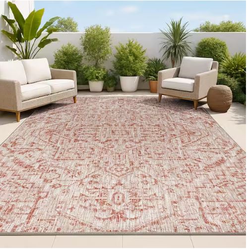 Estrella Bohemian Medallion Red/Taupe 3 ft. 1 in. x 5 ft. Textured Weave Indoor/Outdoor Area Rug