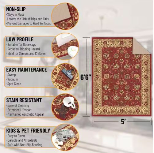 5x7 Ottohome Collection Non-Slip Rubberback Oriental Design  Indoor Area Rug, 5 ft. x 6 ft. 6in., Dark Red