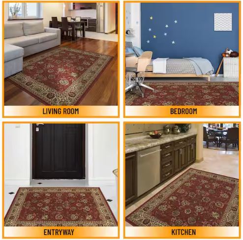 5x7 Ottohome Collection Non-Slip Rubberback Oriental Design  Indoor Area Rug, 5 ft. x 6 ft. 6in., Dark Red