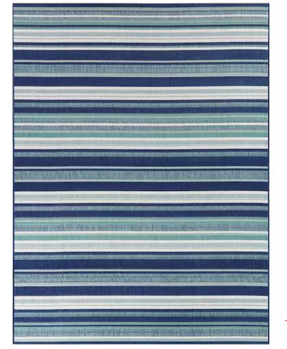 Blue/White 5 ft. x 7 ft. Stripes Indoor/Outdoor Patio Area Rug