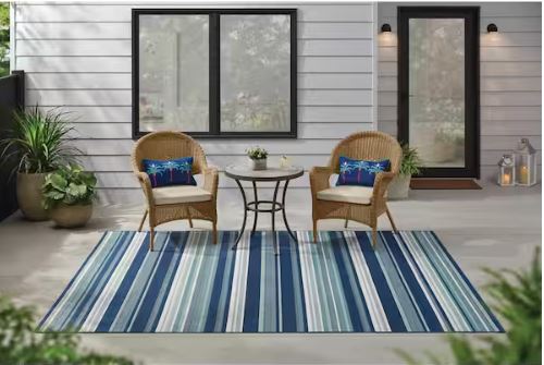 Blue/White 5 ft. x 7 ft. Stripes Indoor/Outdoor Patio Area Rug