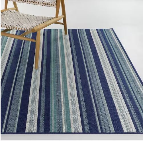 Blue/White 5 ft. x 7 ft. Stripes Indoor/Outdoor Patio Area Rug