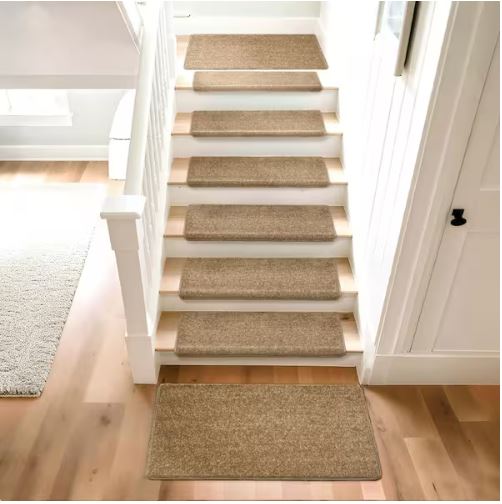 Camel 9.5 in. x 30 in. x 1.2 in. Bullnose Polypropylene Non-slip Carpet Stair Tread Cover With Landing Mat (Set of 15)