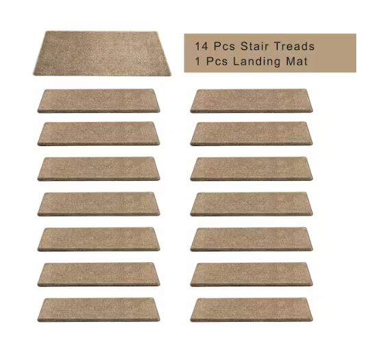 Camel 9.5 in. x 30 in. x 1.2 in. Bullnose Polypropylene Non-slip Carpet Stair Tread Cover With Landing Mat (Set of 15)