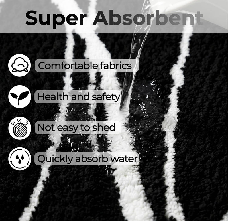 Tititex Luxury Black White Curve Line Bathroom Rug Set, 20x32 inch + 16x24 inch 2 pcs Extra Soft and Absorbent Microfiber Bath Rugs, Non-Slip Plush Shaggy Carpet, Mats for Floor, Tub and Shower