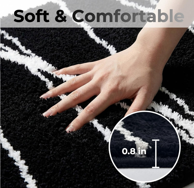 Tititex Luxury Black White Curve Line Bathroom Rug Set, 20x32 inch + 16x24 inch 2 pcs Extra Soft and Absorbent Microfiber Bath Rugs, Non-Slip Plush Shaggy Carpet, Mats for Floor, Tub and Shower