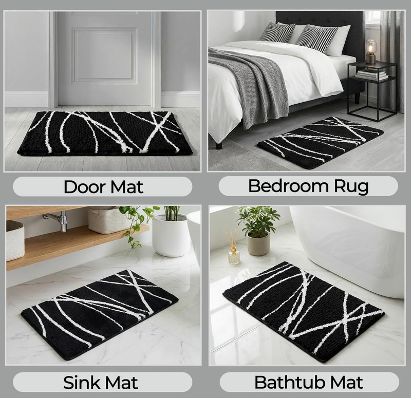 Tititex Luxury Black White Curve Line Bathroom Rug Set, 20x32 inch + 16x24 inch 2 pcs Extra Soft and Absorbent Microfiber Bath Rugs, Non-Slip Plush Shaggy Carpet, Mats for Floor, Tub and Shower