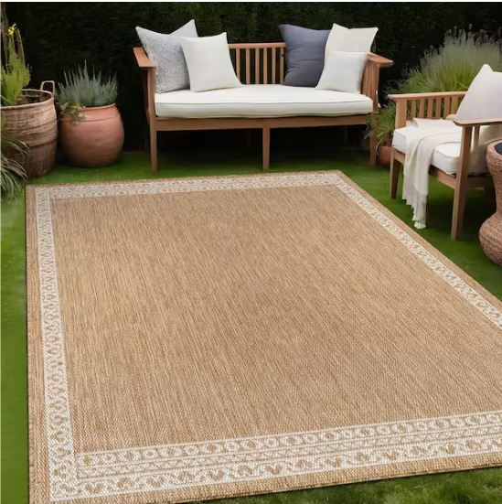 9 ft. x 12 ft. Frame Natural Geometric Bordered Washable Indoor Outdoor Area Rug