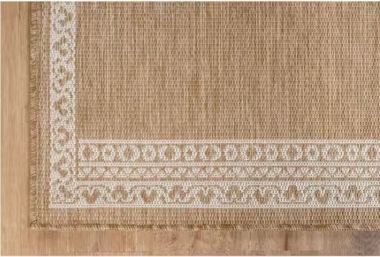 9 ft. x 12 ft. Frame Natural Geometric Bordered Washable Indoor Outdoor Area Rug