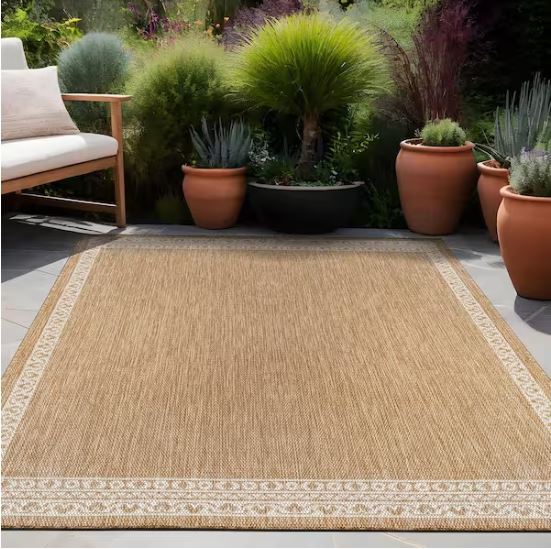 9 ft. x 12 ft. Frame Natural Geometric Bordered Washable Indoor Outdoor Area Rug