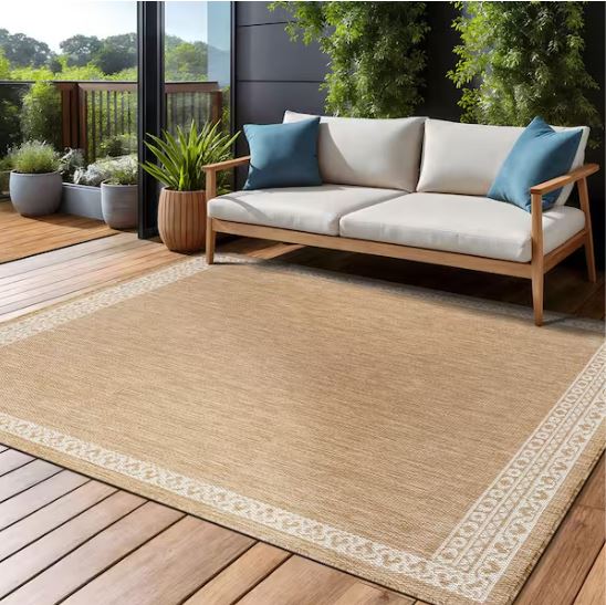 9 ft. x 12 ft. Frame Natural Geometric Bordered Washable Indoor Outdoor Area Rug