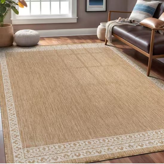 9 ft. x 12 ft. Frame Natural Geometric Bordered Washable Indoor Outdoor Area Rug