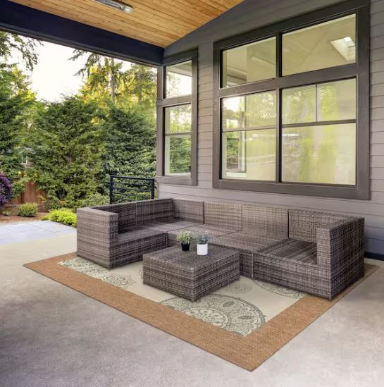 6 ft. x 9 ft. Indoor/Outdoor Ivory/Blue Medallion Layering Area Rug