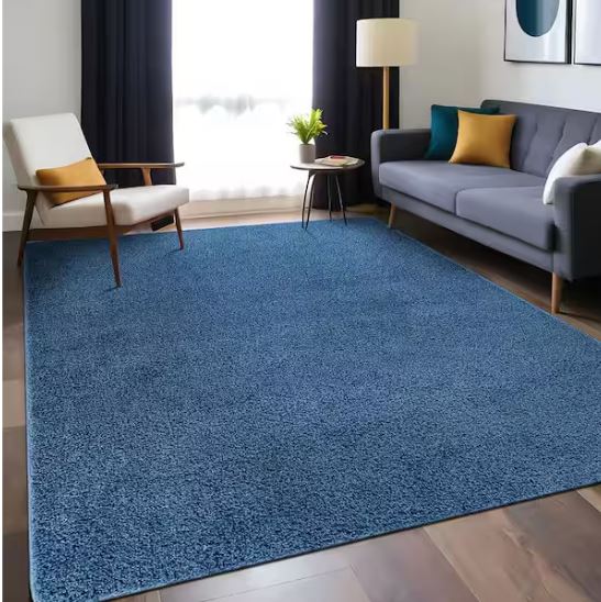 8 ft. x 10 ft. Blue Silky Solid Plus Thick Pile Non Slip Easy Clean Non Shedding Modern Indoor Area Rug
