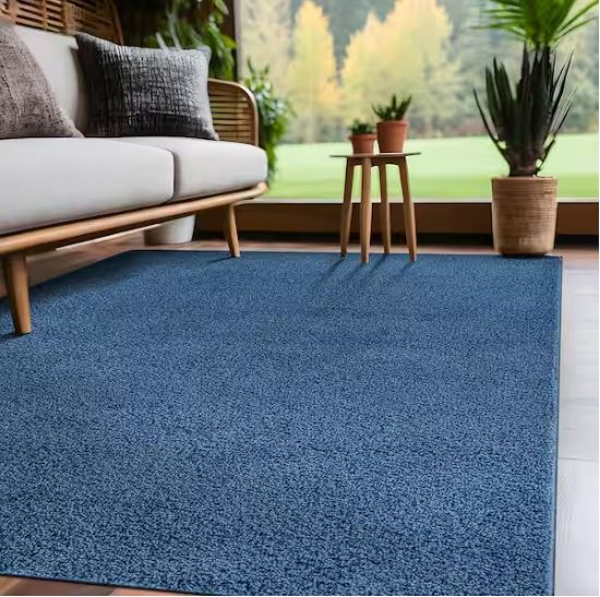 8 ft. x 10 ft. Blue Silky Solid Plus Thick Pile Non Slip Easy Clean Non Shedding Modern Indoor Area Rug
