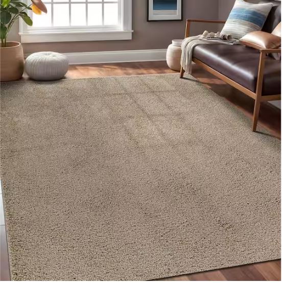 8 ft. x 10 ft. Beige Silky Solid Plus Thick Pile Non Slip Easy Clean Non Shedding Modern Indoor Area Rug