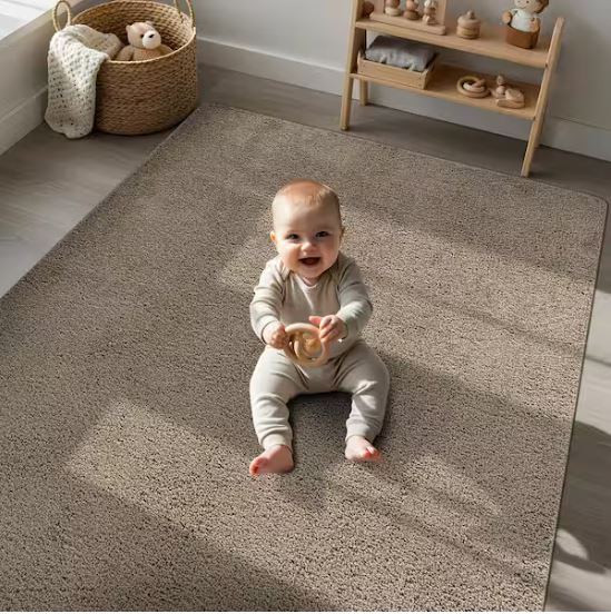 8 ft. x 10 ft. Beige Silky Solid Plus Thick Pile Non Slip Easy Clean Non Shedding Modern Indoor Area Rug