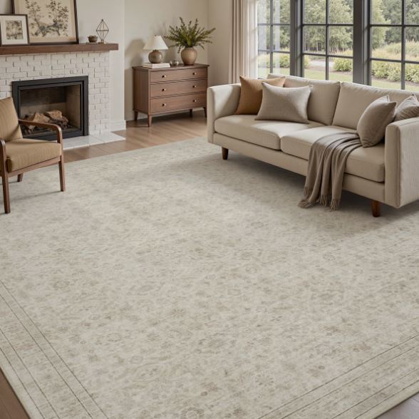 9' x 12'Beige Vintage-Inspired Washable Non-Slip Area Rug For Living Room, Bedroom