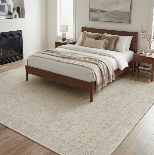 9' x 12'Beige Vintage-Inspired Washable Non-Slip Area Rug For Living Room, Bedroom