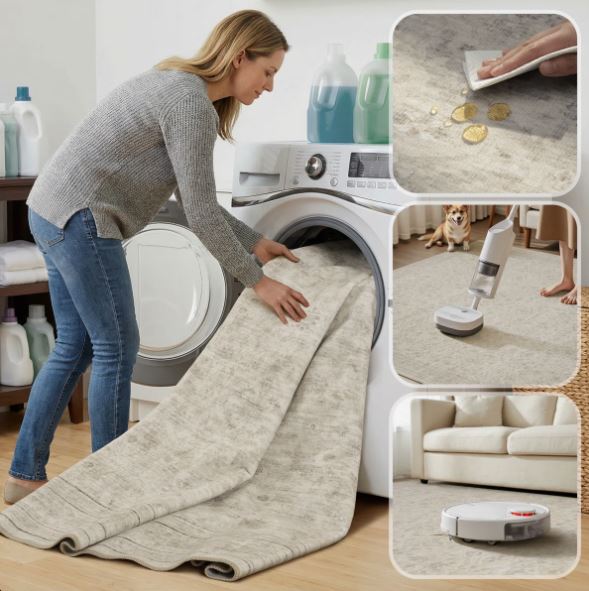 9' x 12'Beige Vintage-Inspired Washable Non-Slip Area Rug For Living Room, Bedroom