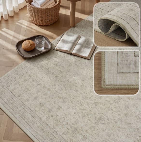 9' x 12'Beige Vintage-Inspired Washable Non-Slip Area Rug For Living Room, Bedroom
