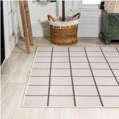 8 ft. x 10 ft. Grid Modern Squares Cream/Dark Gray Indoor/Outdoor Area Rug