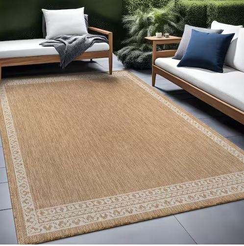5 ft. x 7 ft. Frame Natural Geometric Bordered Washable Indoor Outdoor Area Rug