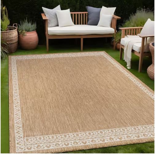 5 ft. x 7 ft. Frame Natural Geometric Bordered Washable Indoor Outdoor Area Rug