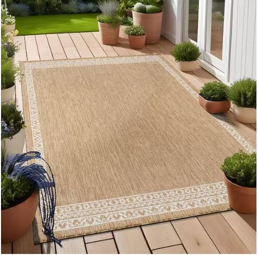 5 ft. x 7 ft. Frame Natural Geometric Bordered Washable Indoor Outdoor Area Rug