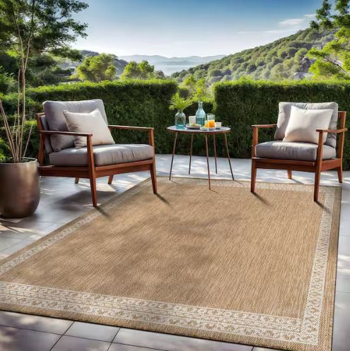 5 ft. x 7 ft. Frame Natural Geometric Bordered Washable Indoor Outdoor Area Rug