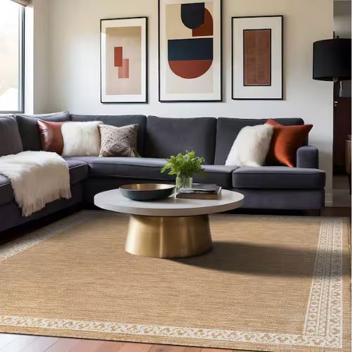 5 ft. x 7 ft. Frame Natural Geometric Bordered Washable Indoor Outdoor Area Rug
