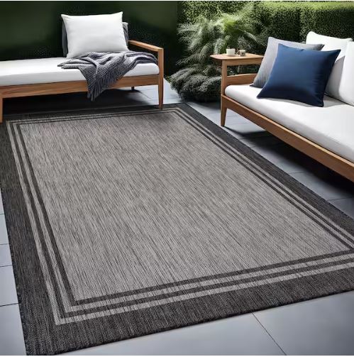 8 X 10 Silver Pebble Aloha Washable Bordered Indoor Outdoor Area Rug