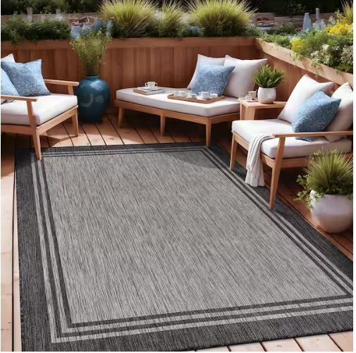 8 X 10 Silver Pebble Aloha Washable Bordered Indoor Outdoor Area Rug