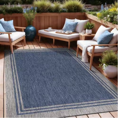 5 X 7 Azure Silver Aloha Washable Bordered Indoor Outdoor Area Rug