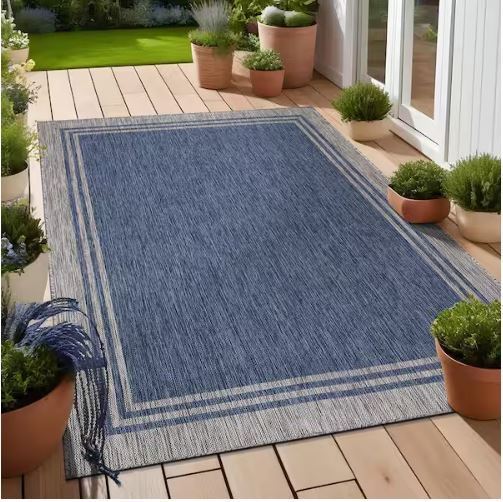 5 X 7 Azure Silver Aloha Washable Bordered Indoor Outdoor Area Rug
