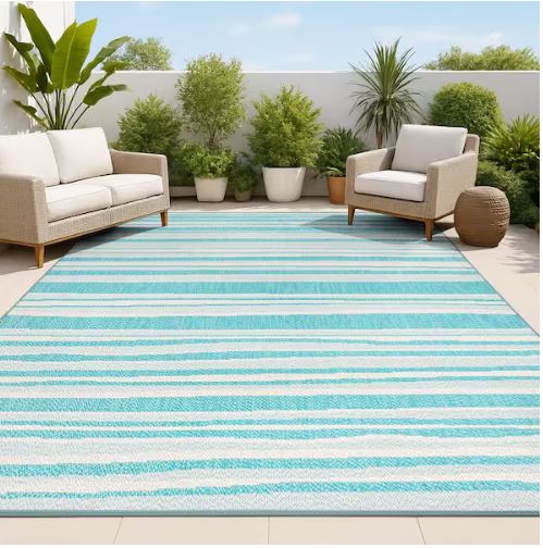 5 ft. x 8 ft. Castara Wavy Stripe Modern Aqua/Cream Indoor/Outdoor Area Rug