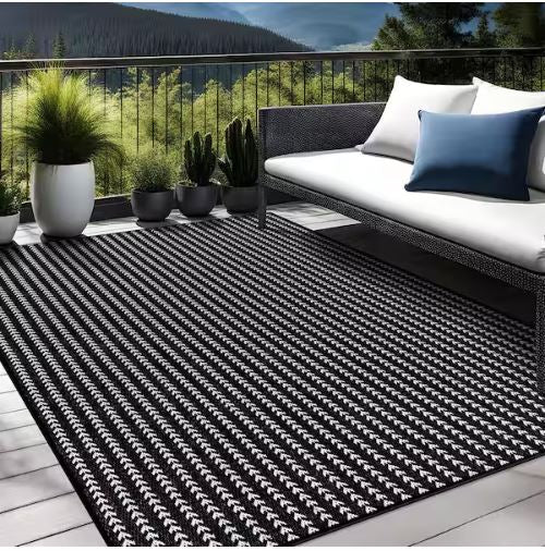 8 ft. x 10 ft. Arrow Black Chevron Striped Washable Indoor Outdoor Area Rug