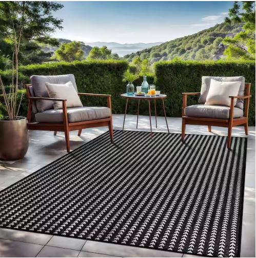 8 ft. x 10 ft. Arrow Black Chevron Striped Washable Indoor Outdoor Area Rug