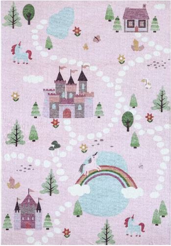 4 ft. x 6 ft. Pink White and Blue Juvenile Castle and Rainbow Youthful Area Rug