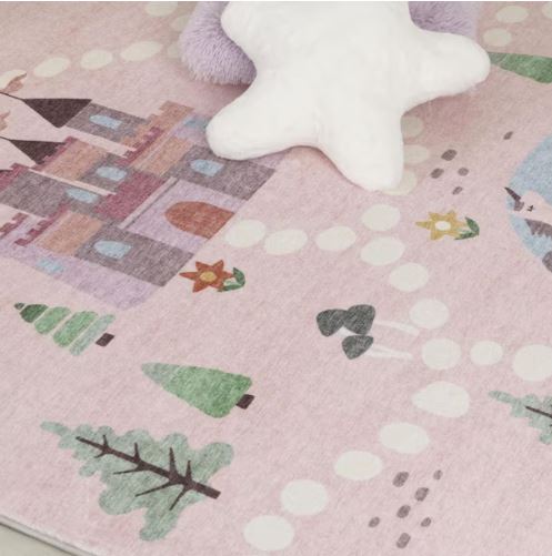 4 ft. x 6 ft. Pink White and Blue Juvenile Castle and Rainbow Youthful Area Rug