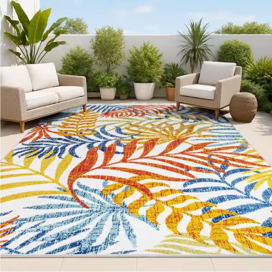 Tropics Palm Leaves Cream/Orange Indoor/Outdoor 5 ft. x 8 ft. Area Rug