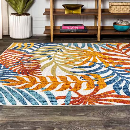 Tropics Palm Leaves Cream/Orange Indoor/Outdoor 5 ft. x 8 ft. Area Rug