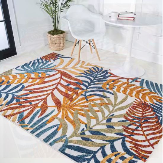 Tropics Palm Leaves Cream/Orange Indoor/Outdoor 5 ft. x 8 ft. Area Rug