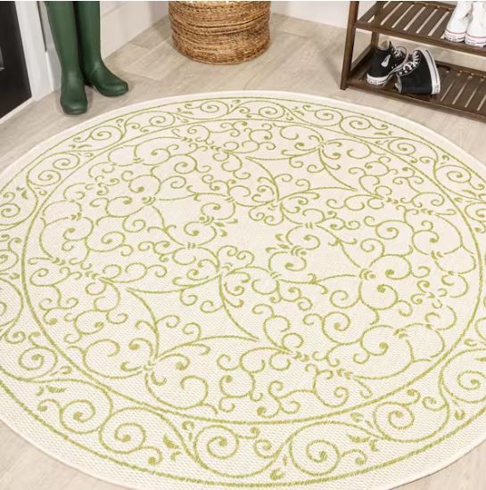 Charleston Vintage Filigree Textured Weave Cream/Green 5 ft. Round Indoor/Outdoor Area Rug